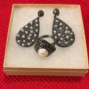 Black Crystal & Pearl Teardrop Earrings with Matching  Sterling Pearl Ring